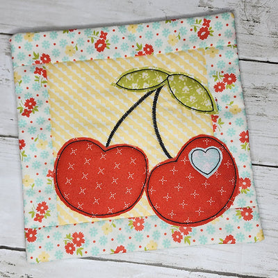MBD ITH Mug Rug with Cherry Applique