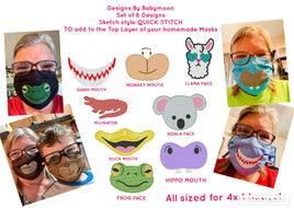 DBB Animal Faces SET THREE - Sketchy 4x4 Designs to add to fabric masks