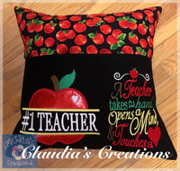 CC A Teacher Touches a Heart Complete Embroidery Set, Teacher Reading Pillow Embroidery Saying and Applique, Split Apple Pocket Pillow Set