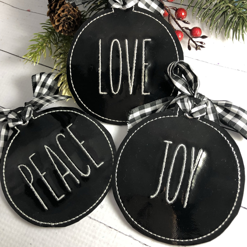DBB Set of THREE Farmhouse PEACE, LOVE, and JOY Christmas Ornaments for 4x4 hoops