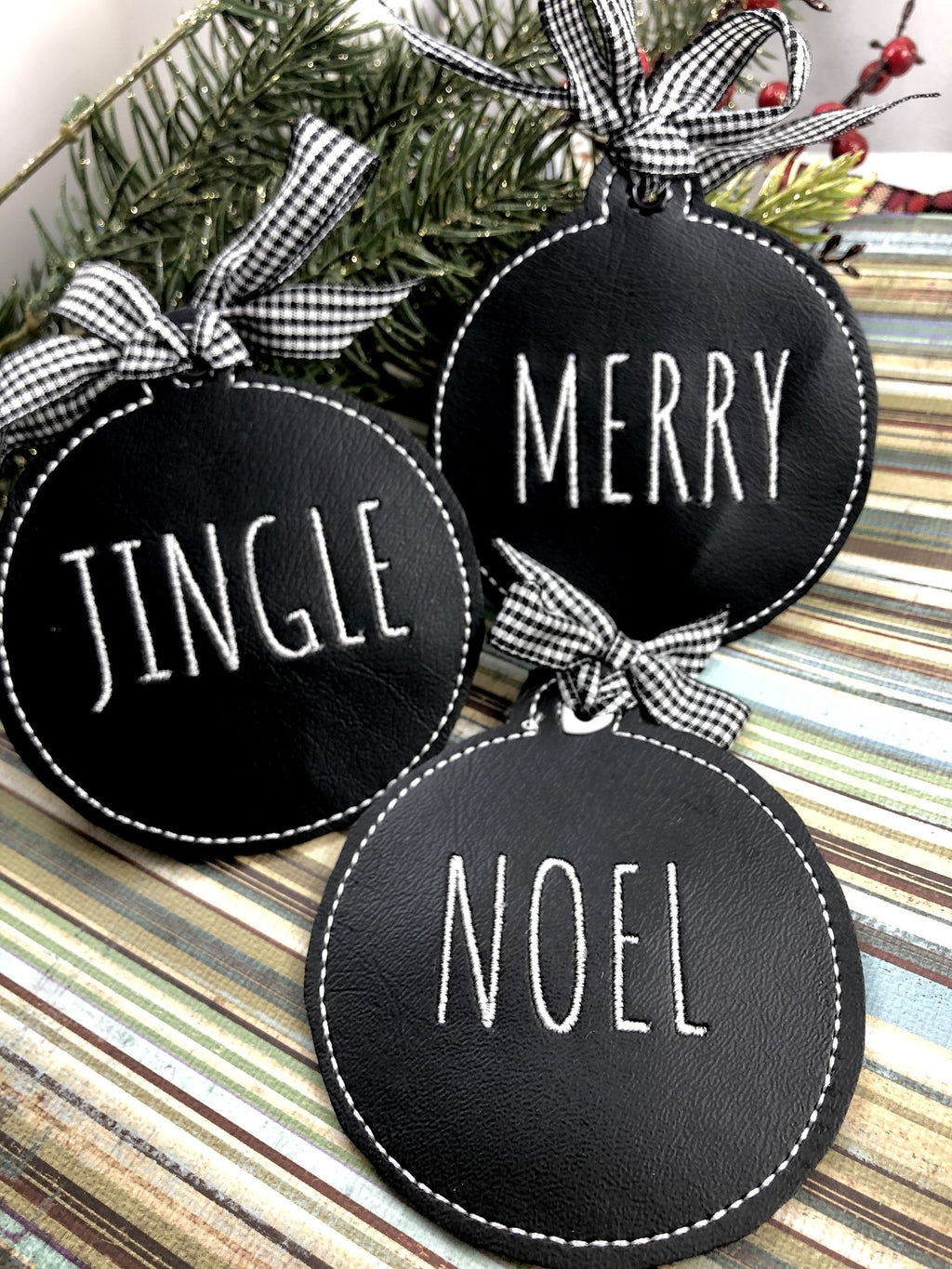 DBB Set of THREE Farmhouse MERRY, JINGLE and NOEL Christmas Ornaments for 4x4 hoops