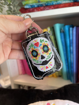DBB Sugar Skull Hand Sanitizer Holder Snap Tab Version In the Hoop Embroidery Project 1 oz for 5x7 hoops
