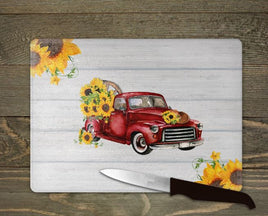 TSS Red Truck with Sunflowers white wood sublimation design