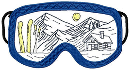 DED Ski Goggles Reflecting Snowy Mountain and Equipment